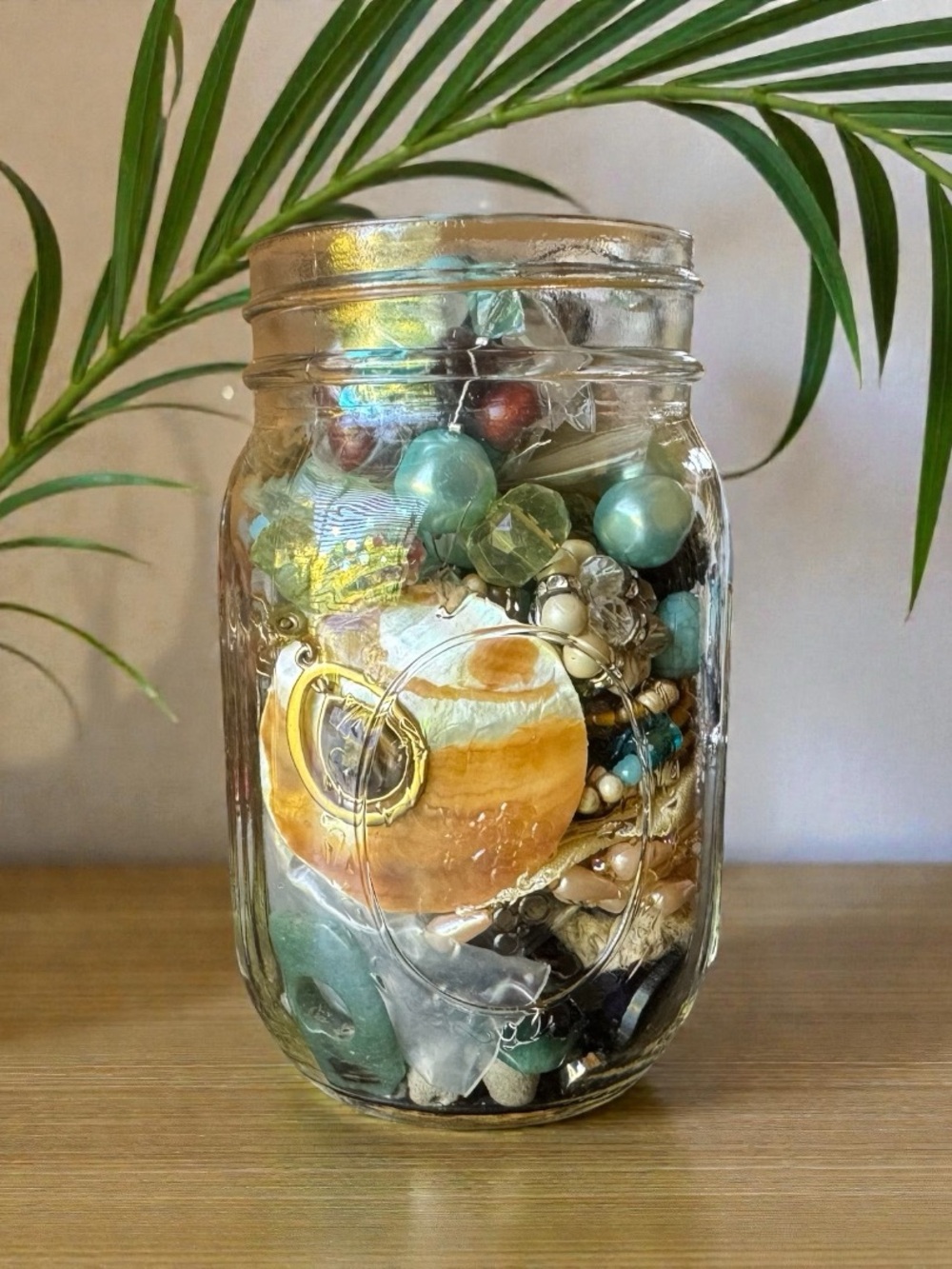 Craft Supply Lot in Glass Jar – Beads, Jewelry Pieces, Charms & Findings